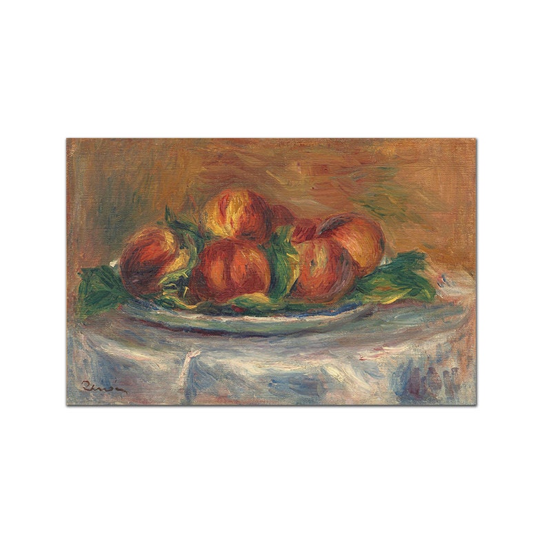 Lebendiges Vintage Küchenposter von justgoodmood, das eine üppige Ansammlung reifer Pfirsiche auf einem Teller darstellt, eine großartige Ergänzung für jede küchliche Einrichtung.