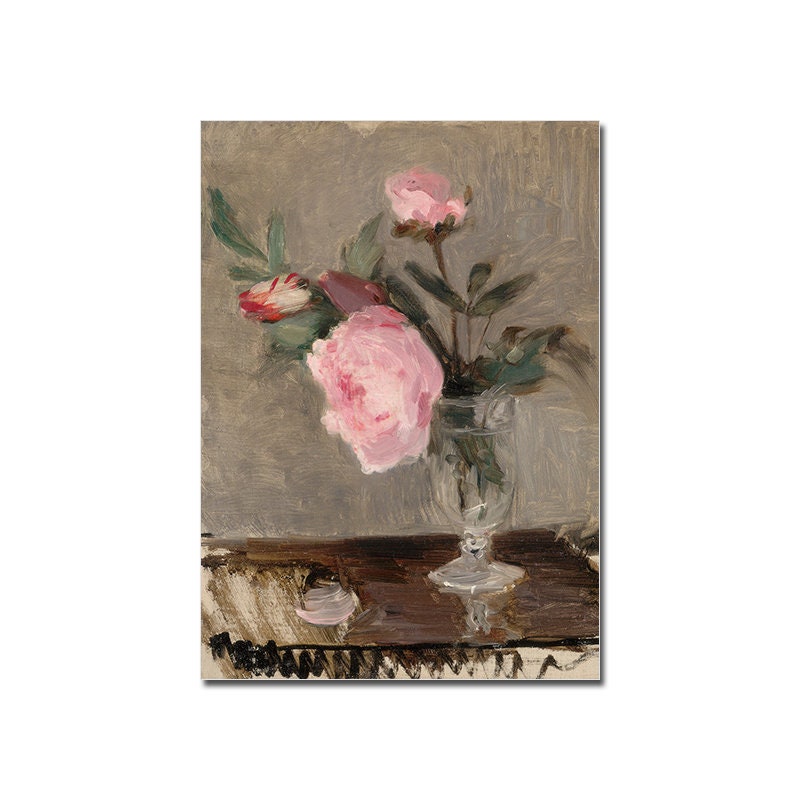 Vintage Küchenposter von justgoodmood mit einem floralen Stillleben, das frische Rosen in einer Vase darstellt, um Ihrer Küche einen lebendigen Akzent zu verleihen.