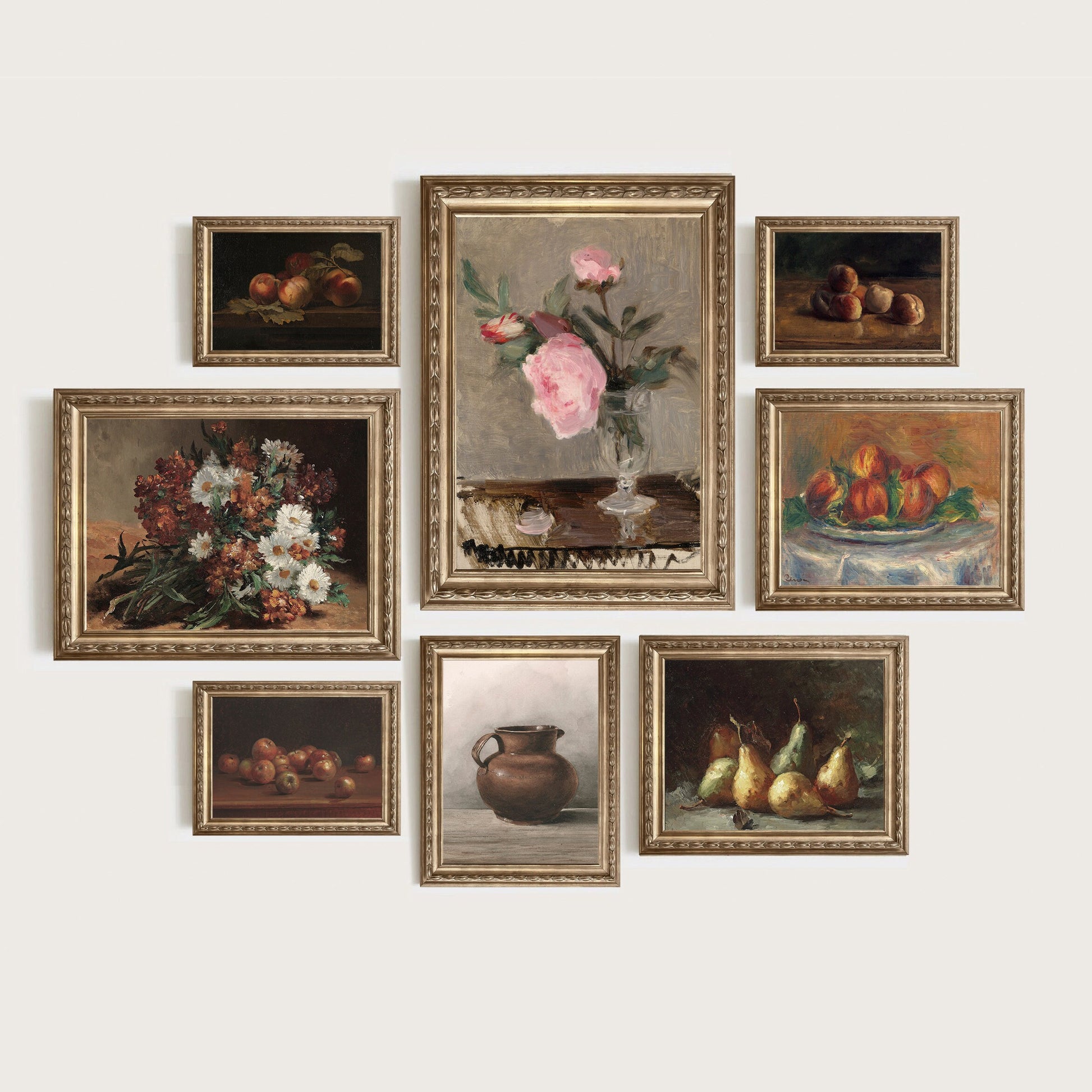 Schöne Vintage-Küche Poster mit Obst und Blumen Stillleben in stilvollen Rahmen von justgoodmood. Perfekte Deko für eine einladende Atmosphäre.