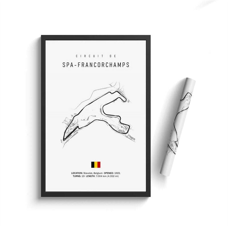Deko-Print des Formel 1 Kalenders 2025 von justgoodmood, zeigt die Strecke Spa-Francorchamps mit Detailinformationen zur Rennstrecke.