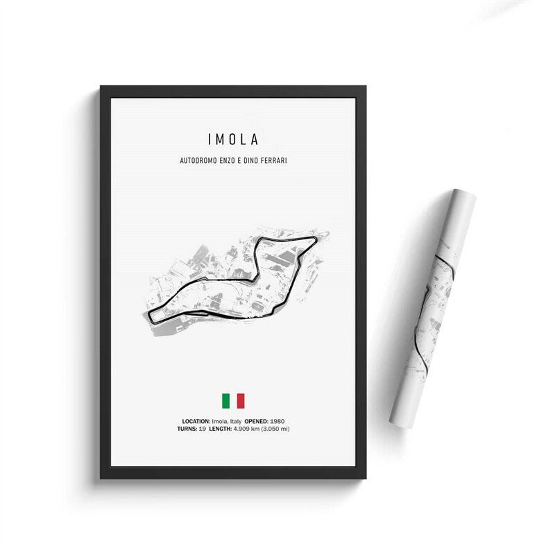 Deko-Print des Formel 1 Kalenders 2025 von justgoodmood, präsentiert die Rennstrecke Imola mit auffälligen Architektur- und Streckendetails.