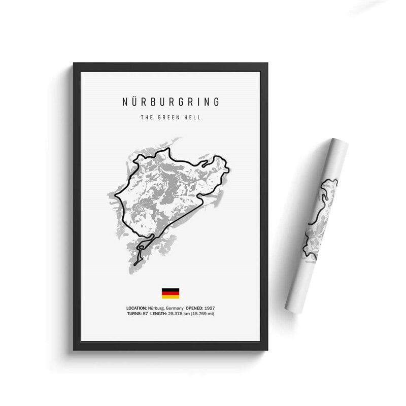 Die legendäre Rennstrecke Nürburgring, dargestellt in einem minimalistischen Design von justgoodmood, ist Teil des Formel 1 Kalenders 2025, ideal für F1-Enthusiasten.