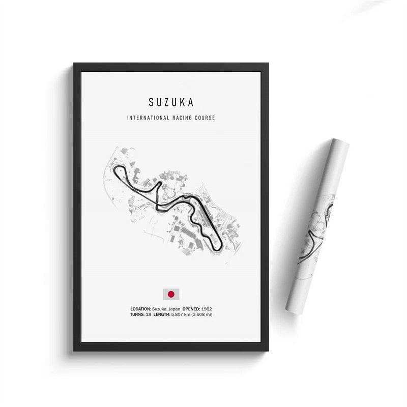 Stylische Darstellung der Rennstrecke Suzuka, Japan, aus dem Formel 1 Kalender 2025 von justgoodmood, perfekt als Deko-Print für Motorsport-Fans.