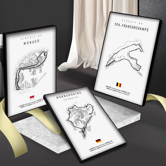 Poster Formel 1 Kalender 2024 mit Strecken von Monaco, Spa-Francorchamps und dem Nürburgring von justgoodmood, ideal für Motorsport-Fans als stilvolle Wanddekoration.