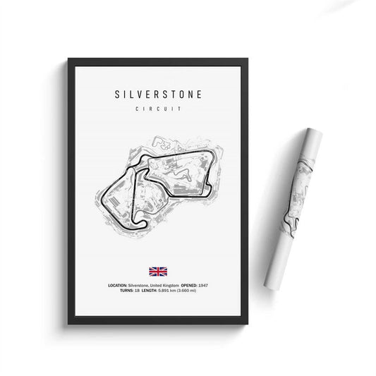 Silverstone Rennstrecke Poster von justgoodmood – Stilvolles Formel 1 Kalender 2024 Design, das die legendäre Strecke von Silverstone in Großbritannien zeigt.