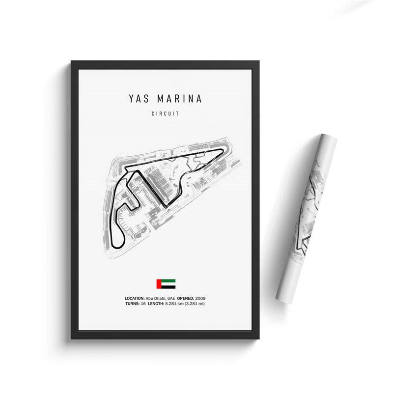 Yas Marina Rennstrecke Poster von justgoodmood – Fröhlicher Formel 1 Kalender 2024 mit der modernen Yas Marina Strecke in Abu Dhabi.
