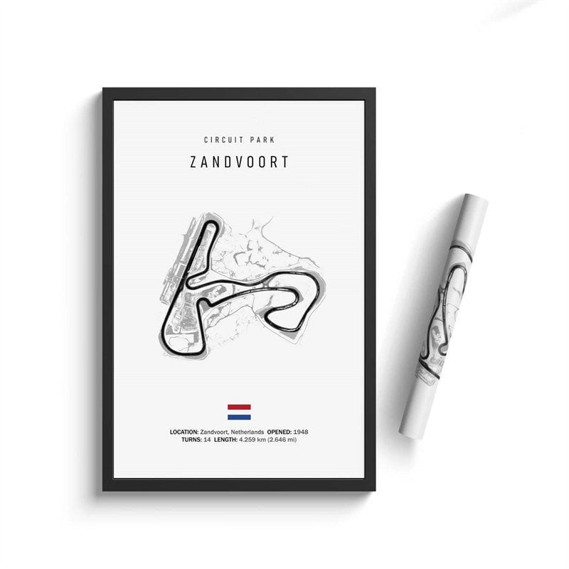 Schickes Poster Circuit Park Zandvoort von justgoodmood, illustriert die berühmte Rennstrecke in den Niederlanden, perfekt als Deko.
