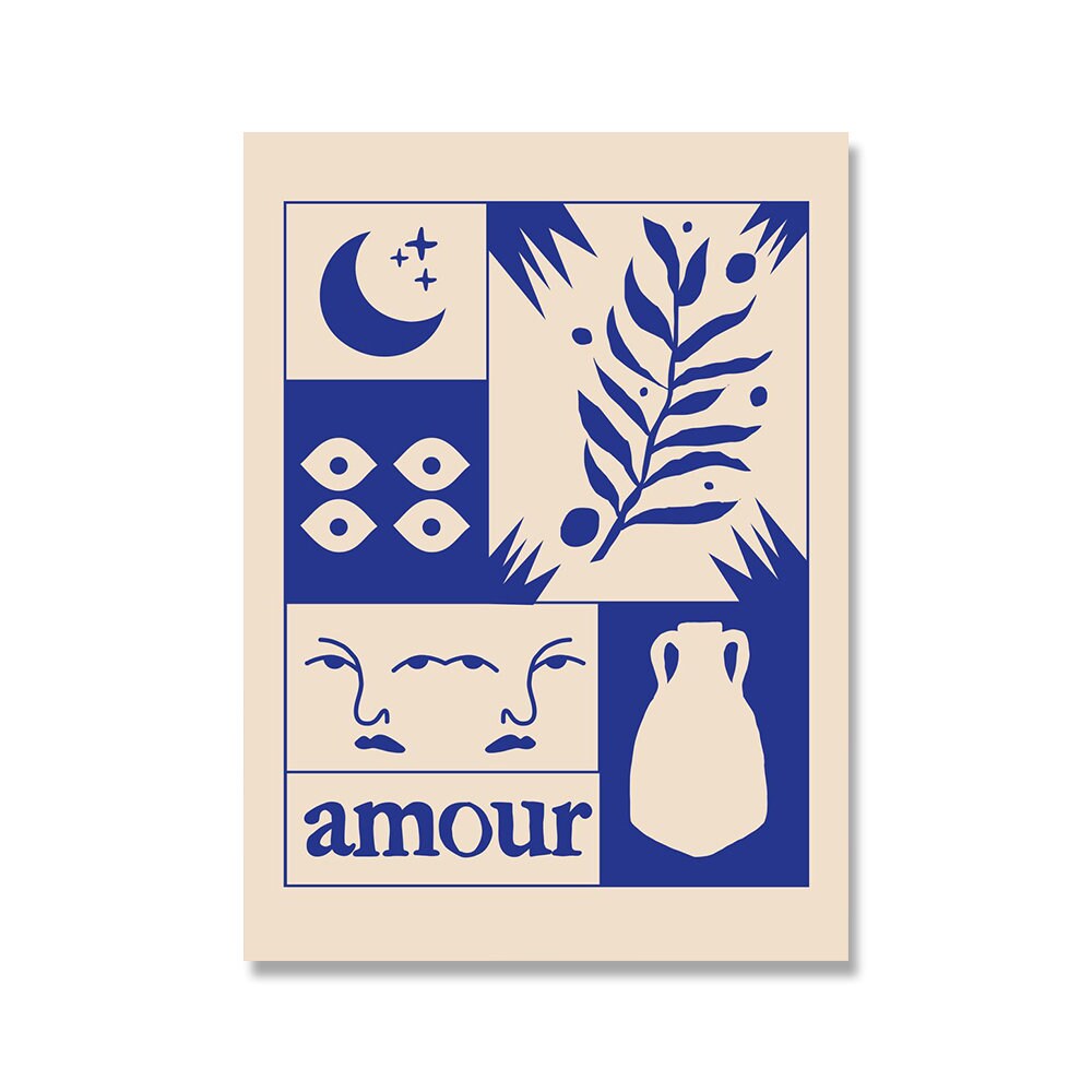 Vintage Amour Wahrsagerin Poster im Retro-Stil von justgoodmood, zeigt eine künstlerische Komposition in Blau und natürlichen Motiven.