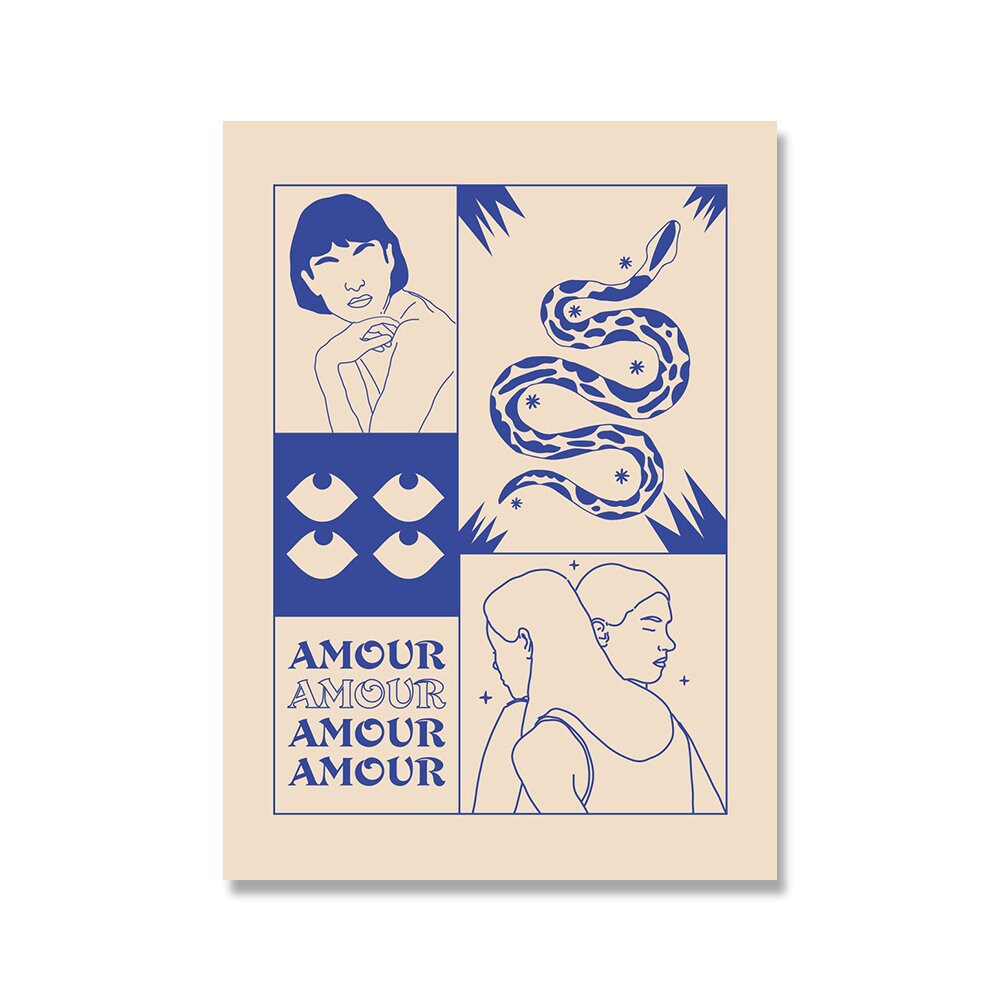 Inspirierendes Poster "Vintage Amour Wahrsagerin" von justgoodmood, zeigt eine kreative Darstellung mit Figuren, Schlangen und mystischen Symbolen.