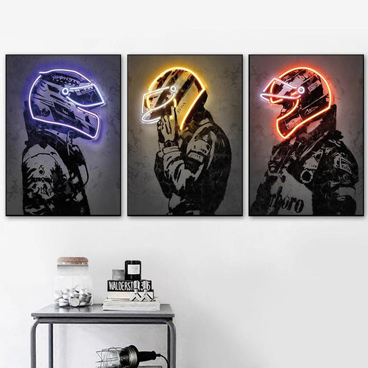 Buntes Poster eines Formel 1 Rennfahrers mit leuchtendem Neonhelm als dekorativer Druck von justgoodmood. Ideal für Motorsport-Fans, bringt lebendige Farben und die aufregende Atmosphäre des Rennsports in Ihr Zuhause!