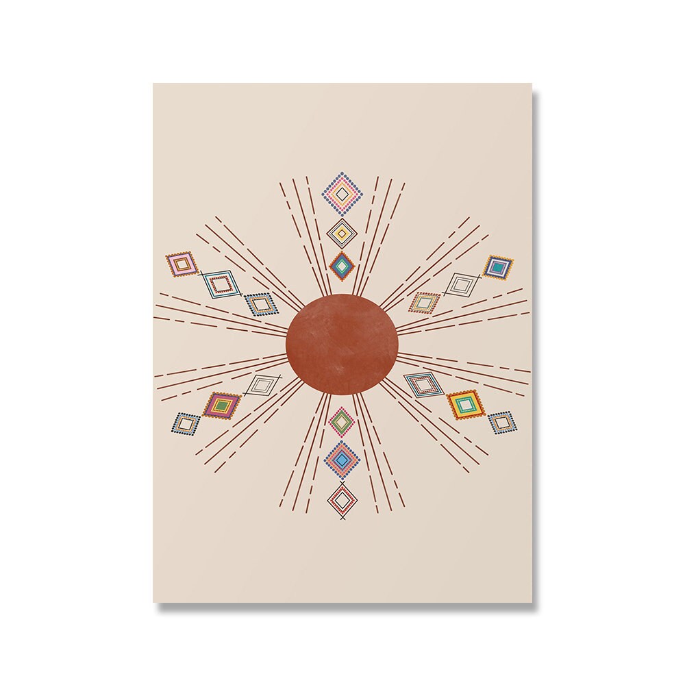 Dynamisches Boho-Poster von justgoodmood mit strahlendem Sonnenmotiv und bunten, geometrischen Formen, ideal für lebendige Wohnräume.