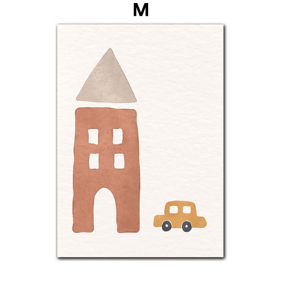 Charmantes Boho Kinderzimmer Poster von justgoodmood mit einem stilvollen Turm und süßem Auto, ideal als kinderfreundliche Wanddekoration.