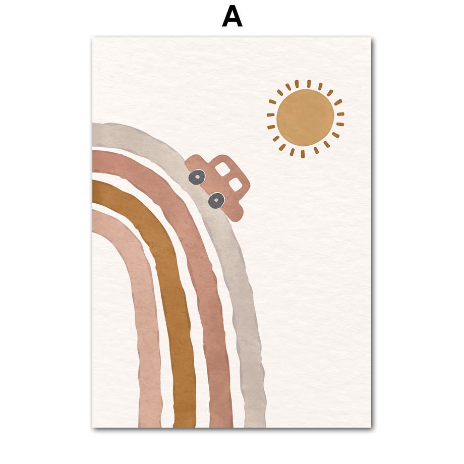 Einzelnes Boho Kinderzimmer Poster von justgoodmood mit einem fröhlichen roten Auto und Sonnenstrahlen - ideal für Kinderzimmer Deko ohne Rahmen.