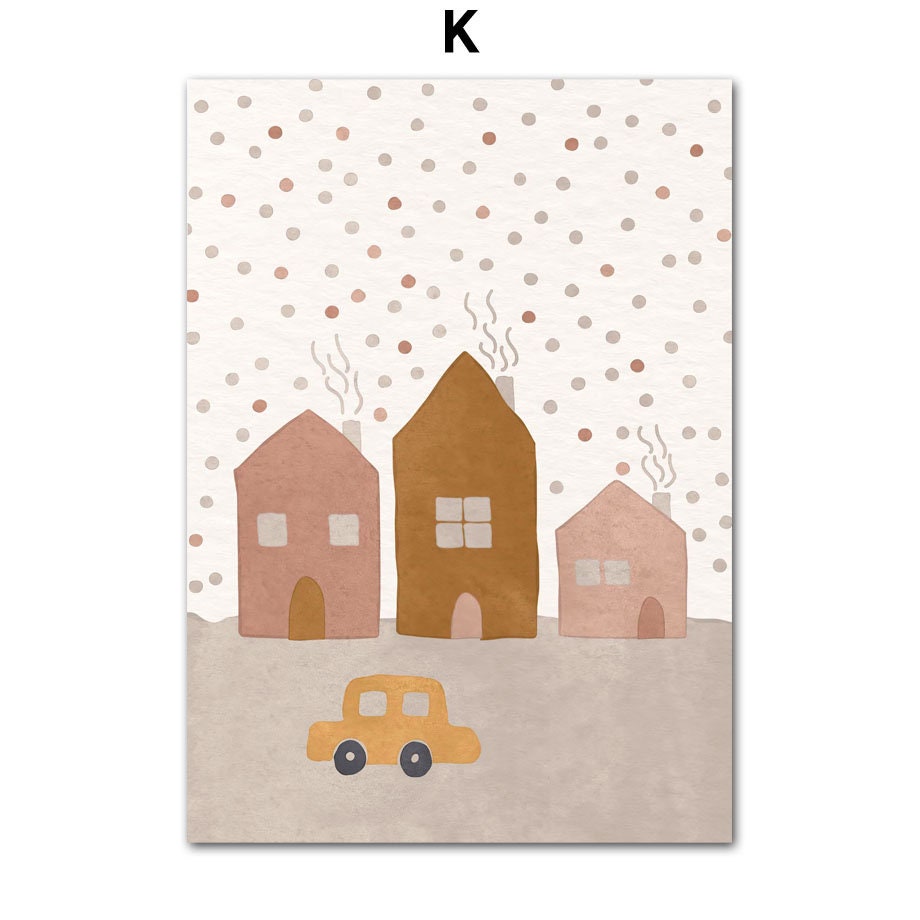 Gemütliches Boho Poster für Kinderzimmer von justgoodmood, das liebevoll gestaltete Häuser und ein Auto zeigt, perfekt für eine freundliche Atmosphäre.