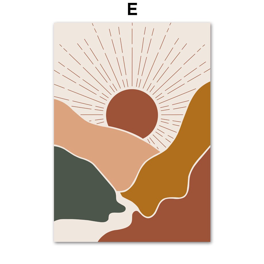 Stilvolles Poster Boho Grüne Blätter I Geometrische Formen, mit Sonnenmotiv und sanften Farben, ideal als Deko Print von justgoodmood.