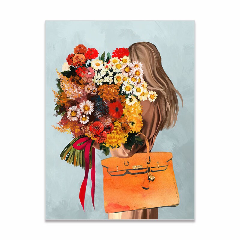 Wunderschönes Valentinstag-Poster von justgoodmood, das eine Frau mit einem großen Blumenstrauß darstellt, perfekt als Geschenk oder Deko.