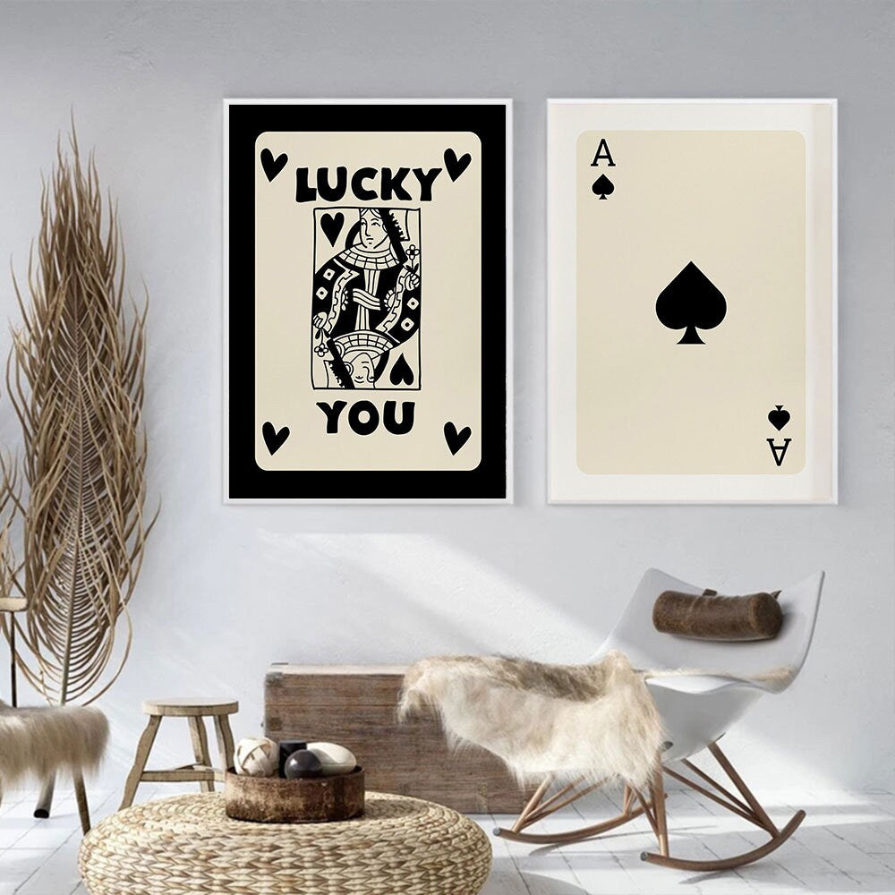 Kombination aus zwei Kunstwerken: Pik Ass und Dame Karte mit 'Lucky You' für gemütliche Wohnräume von justgoodmood, Poster Poker Ass Karte I Dame Karte I Glücks Karte.