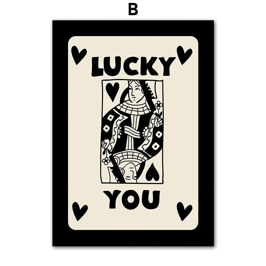 Witziges 'Lucky You' Poster von justgoodmood mit einer Spielkarten-Illustration, ideal für Glücksbringer-Themen.