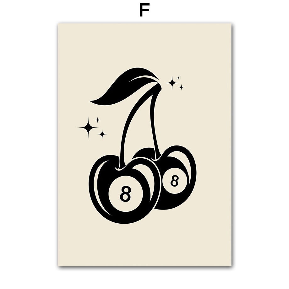 Stylisches Poster von justgoodmood, Teil des Titels 'Poster Poker Ass Karte I Dame Karte I Bube Karte I Glückswürfel I Kirschen Billiard 8 I Deko Print ohne Rahmen'. Das Bild zeigt zwei schicke Kirschen mit der Zahl '8'.