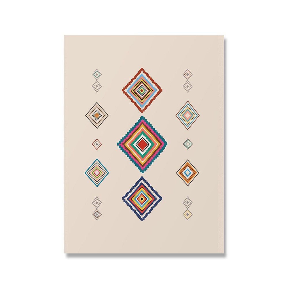 Farbenfrohes Boho-Poster von justgoodmood mit geometrischen Mustern im marokkanischen Stil, perfekt für eine kreative Wandgestaltung.