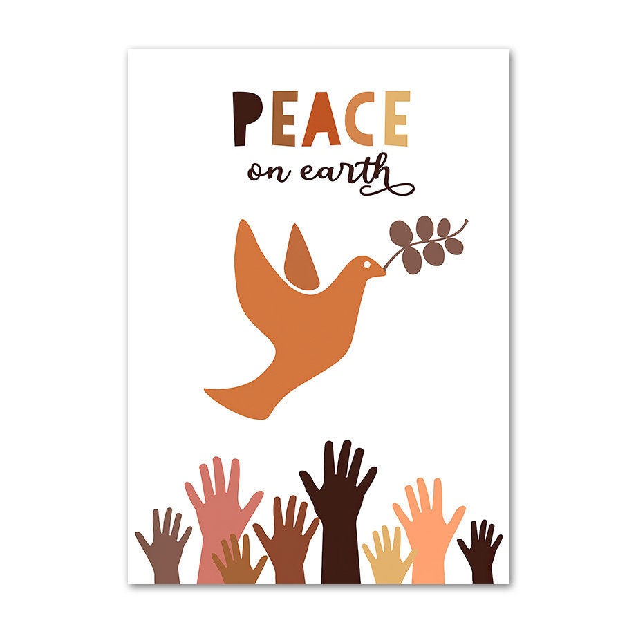 Poster Frieden Liebe Freundlich von justgoodmood, zeigt eine Taube mit einem Olivenzweig und Hände unterschiedlicher Farben, die nach Frieden streben.