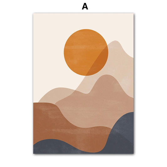 Kunstdruck A von justgoodmood, Teil des Posters "Boho Abstrakt Boho I Berge Sonne". Darstellung einer modernen Landschaft mit einem warmen Sonnenkreis und sanften braunen Hügeln auf einem hellen Hintergrund, perfekt für eine kreative Raumatmosphäre.