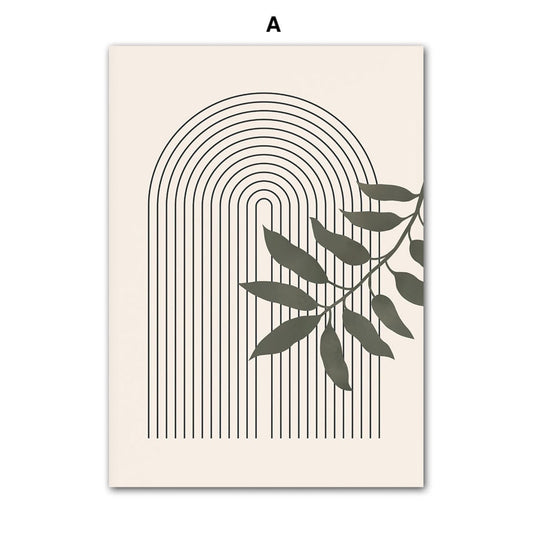 Elegantes Poster im Boho-Stil mit geschwungenen Linien und grünen Blättern, ideal für eine frische Raumgestaltung. Erleben Sie das Kunstwerk 'Boho Abtrakt Boho I Berge Sonne' von justgoodmood.