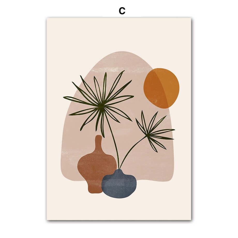 Boho stilvolles Wandbild mit Pflanzenillustration, perfekt für Wohnzimmer und Schlafzimmer, von justgoodmood, Poster Boho Abtrakt Boho I Berge Sonne.