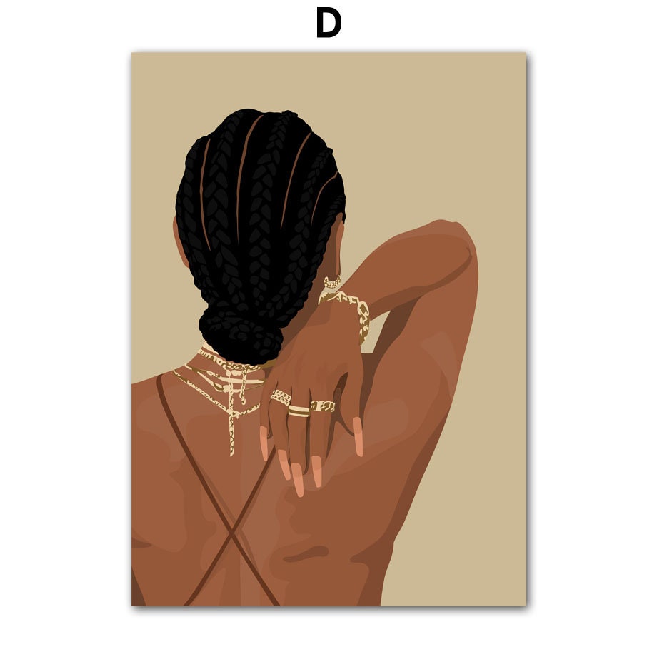Entzückendes Boho-Nägel-Poster von justgoodmood, das eine Frau mit Zöpfen und glänzenden Haaren zeigt. Ihre langen, goldenen Ringe und kreativen Nägel verleihen jedem Raum eine stilvolle Note.