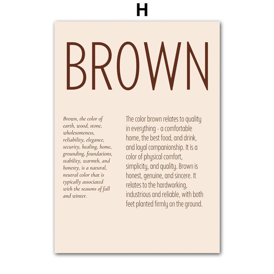 Inspirierendes Boho-Nägel-Poster von justgoodmood mit dem Wort 'BROWN' in eleganter Schrift auf sandfarbenem Hintergrund, ideal zur Verschönerung jedes Raumes.