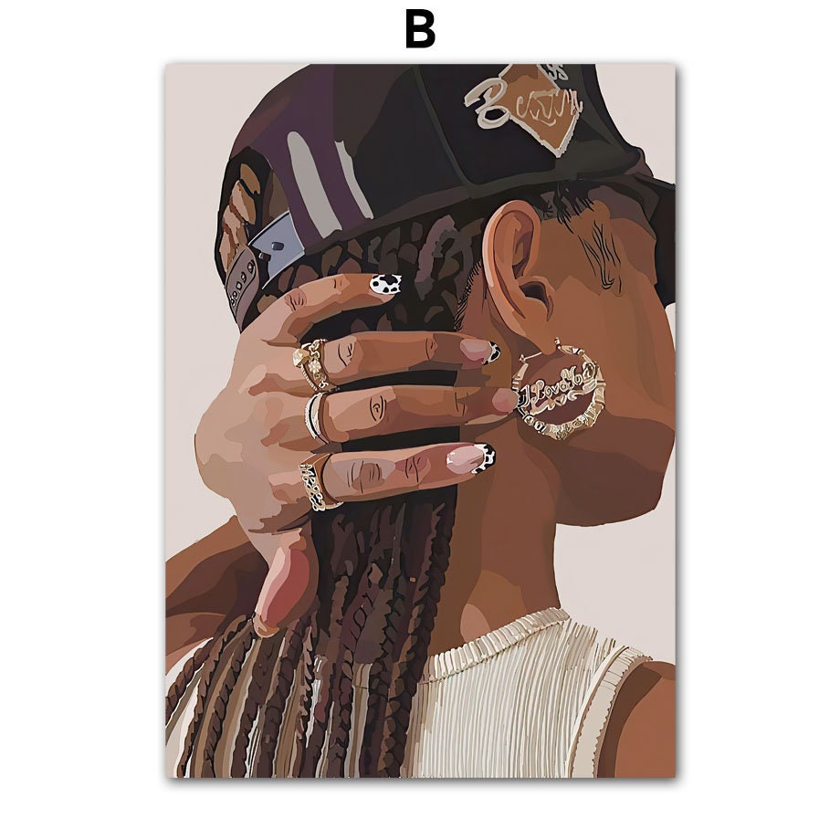 Hip Hop Schmuck Poster B von justgoodmood. Eine kreative Darstellung einer Frau mit einem stilvollen Cap und auffälligem Ohrschmuck, perfekt für trendbewusste Deko.