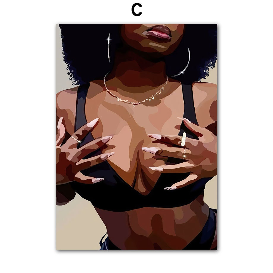 Hip Hop Schmuck Poster C von justgoodmood. Ein eindrucksvolles Kunstwerk einer Frau im Sport-BH mit geschmückten Händen, ideal für moderne Wohnräume.