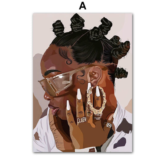 Ein künstlerischer Druck von justgoodmood, der eine stilvolle Frau darstellt, die hip-hop Schmuck und modische Accessoires trägt. Perfekt für jeden Raum!