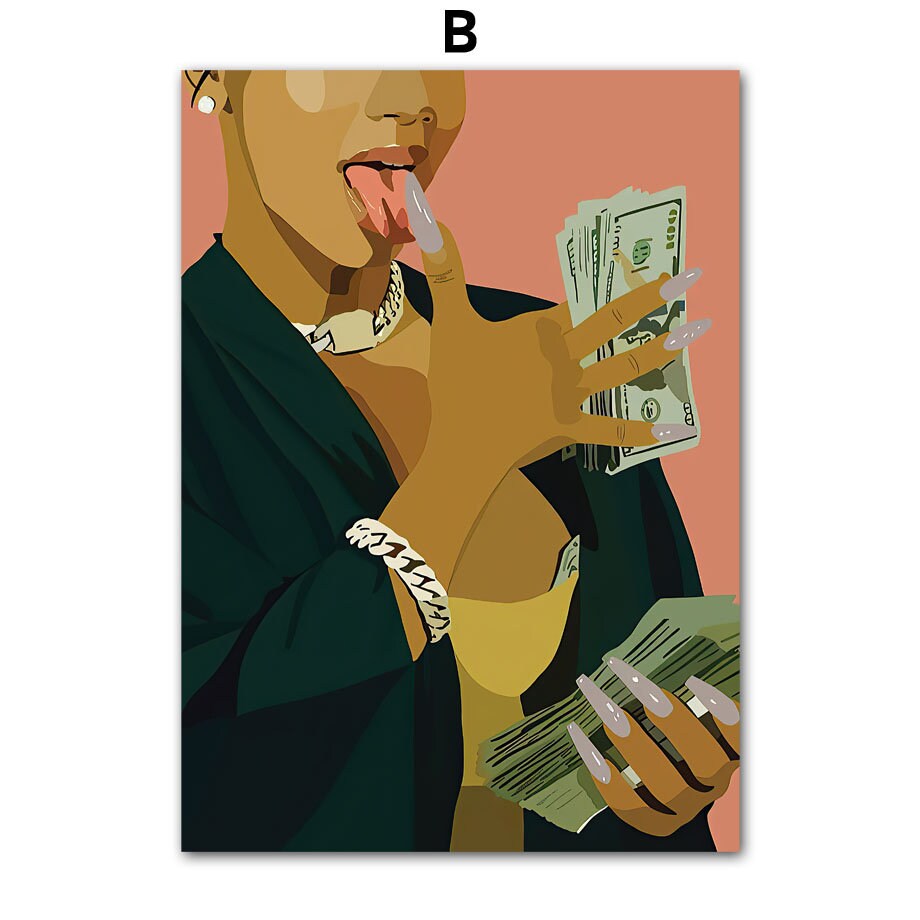 Kreatives Poster von justgoodmood aus der Hip Hop Schmuck Mode Kollektion, zeigt eine Frau, die lässig mit Geldscheinen posiert.