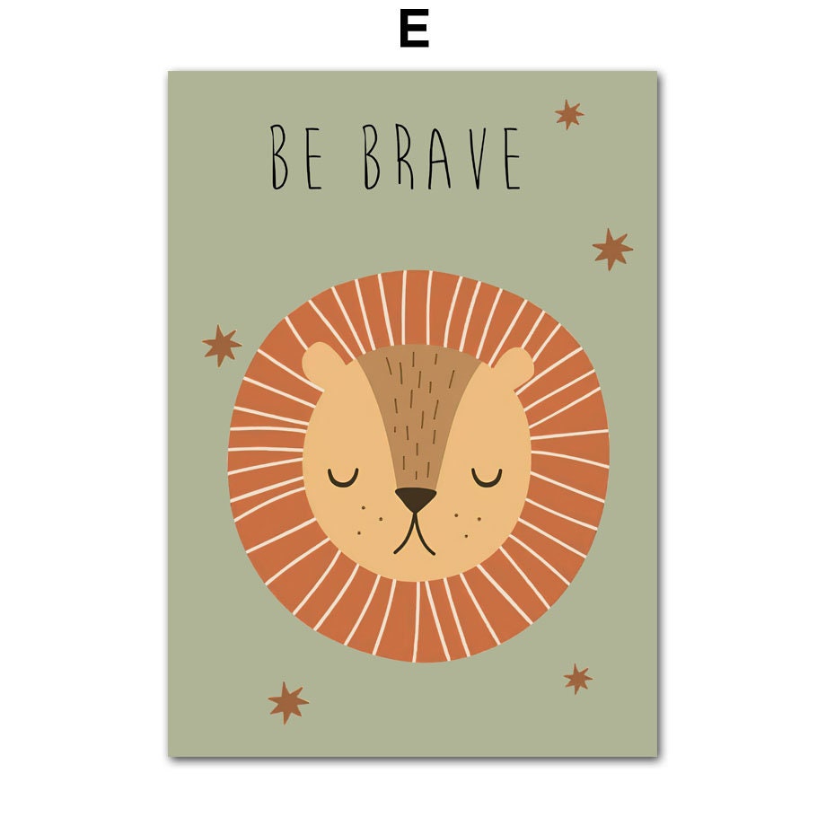 Buntes Poster eines Löwen mit dem Text 'Be Brave'. Ein inspirierender Deko Print von justgoodmood, ideal für kreative Wandgestaltung im Kinderzimmer.