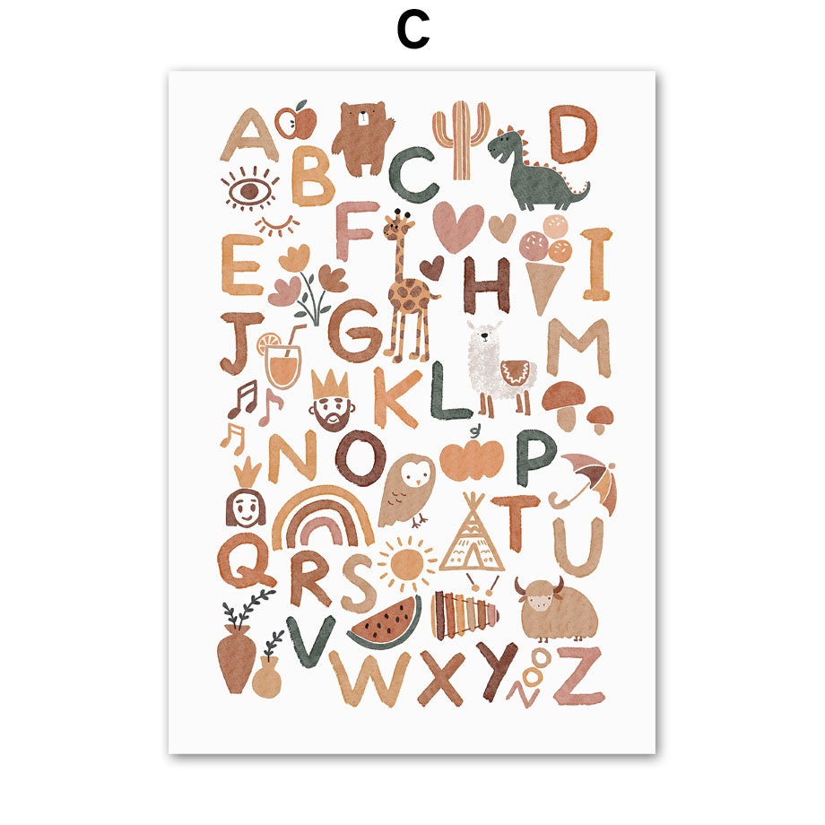 Charmantes Alphabet-Poster von justgoodmood, das lustige Tier-Illustrationen und Buchstaben zeigt, ideal als farbenfrohe Wanddekoration.