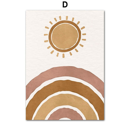 Boho Kinderzimmer Poster von justgoodmood mit einer strahlenden Sonne über einem sanften Regenbogen - ideal für die kreative Raumgestaltung.