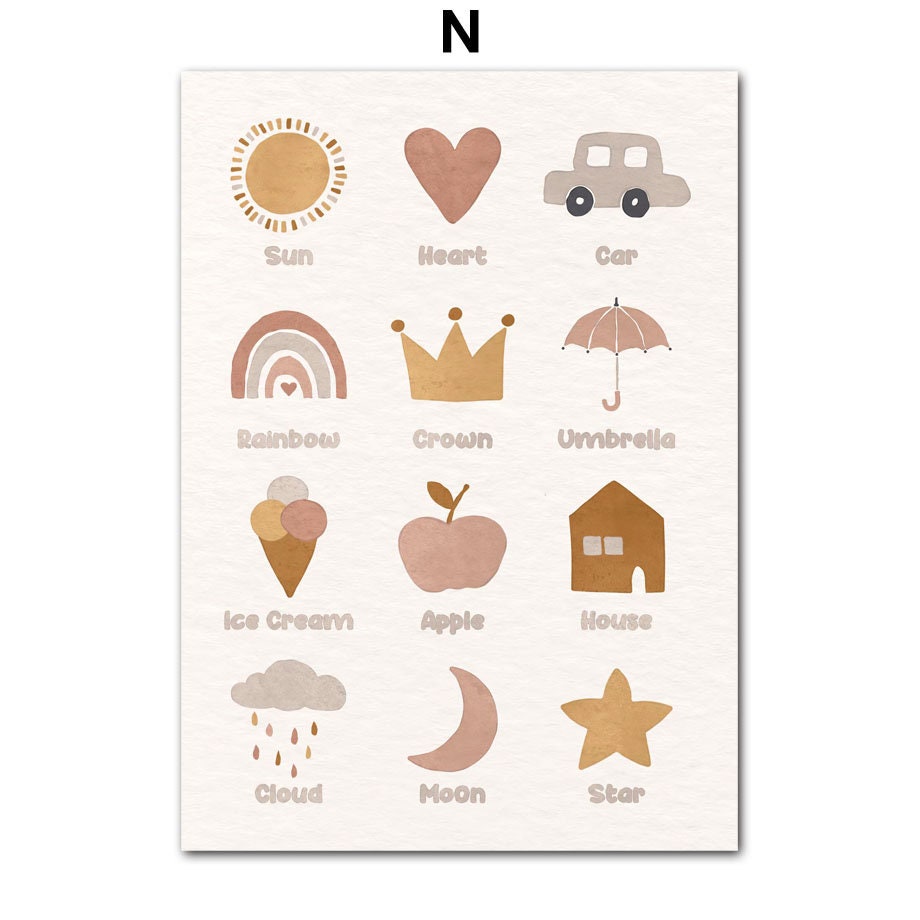 Verspieltes Boho Poster für Kinderzimmer von justgoodmood, mit verschiedenen fröhlichen Icons wie Sonne, Herz, Auto und mehr – ideal zur Verschönerung des Kinderzimmers.