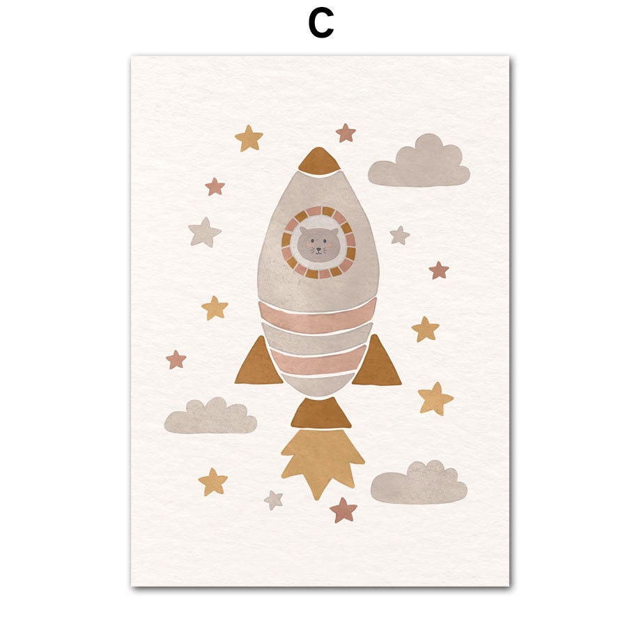 Wunderschönes Boho Kinderzimmer Poster von justgoodmood mit einer süßen Rakete, die in den Himmel fliegt - für kleine Abenteurer und kreative Köpfe!