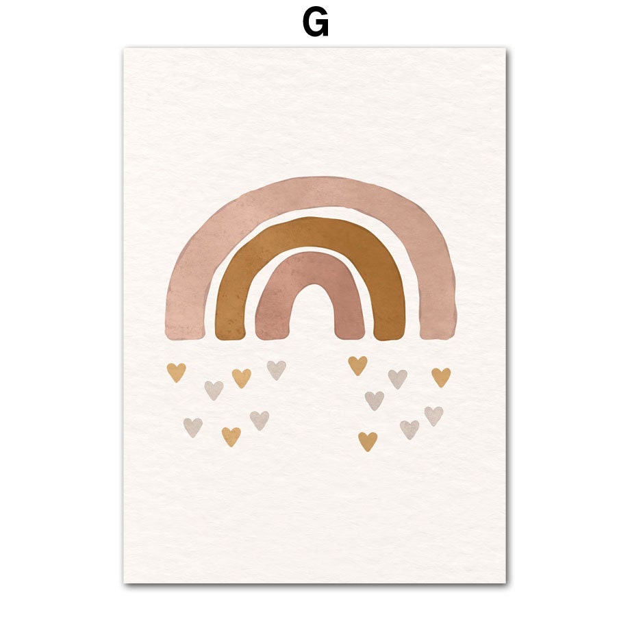 Buntes Boho Poster für Kinderzimmer von justgoodmood, das einen Regenbogen mit kleinen Herzen zeigt, ideal für die Deko eines kreativen und fröhlichen Kinderzimmers.