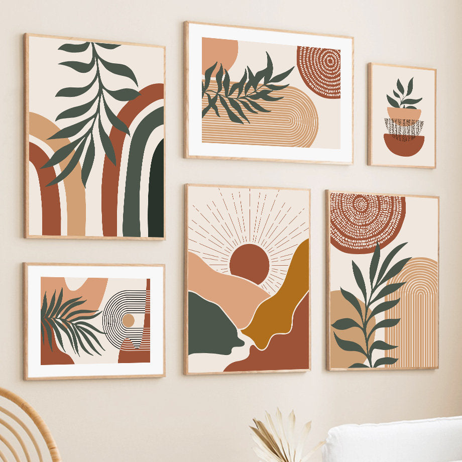Wanddekoration im Boho-Stil mit grünen Blättern und geometrischen Formen, perfekt für Ihre Wohnung. Poster von justgoodmood.