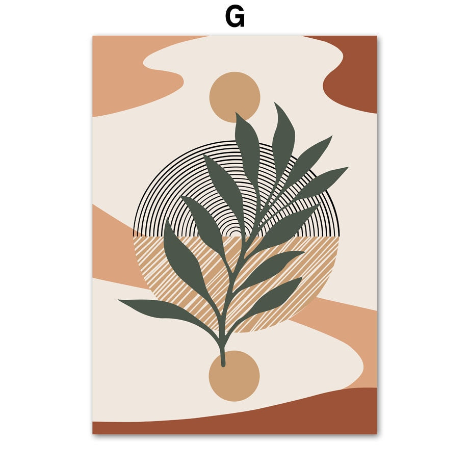 Kreatives Poster Boho Grüne Blätter I Geometrische Formen, das harmonische Pflanzenmotive und geometrische Elemente kombiniert, entworfen von justgoodmood.