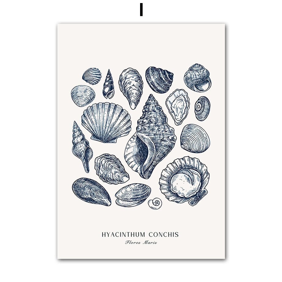 Poster von justgoodmood mit einer detaillierten Illustration verschiedener Muscheln, eine stilvolle Dekoration für Meerliebhaber.