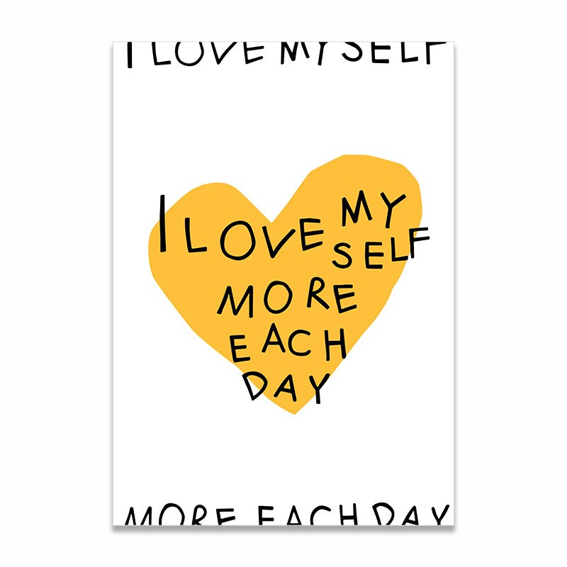 Inspirierendes Poster von justgoodmood mit dem Text "I love myself more each day" in einem gelben Herz, perfekt für motivierende Wohnräume.
