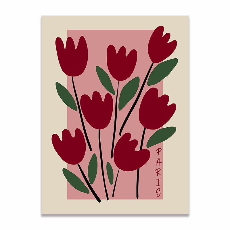 Schönes Valentinstag-Poster von justgoodmood mit stilisierten roten Tulpen auf beigem Hintergrund, perfekt um 'Ich liebe Dich' auszudrücken.