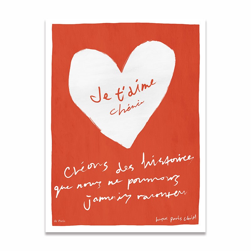 Lebhaftes Valentinstag-Poster von justgoodmood mit einem weißen Herz und dem Schriftzug "Je t'aime chéri", perfekt für liebevolle Wohnkultur.