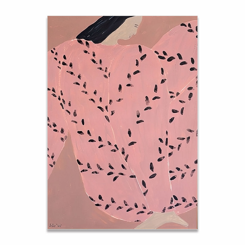 Kreatives Valentinstag-Poster von justgoodmood mit einer künstlerischen Darstellung einer Frau in einem rosa Kleid, ideal um Liebe und Zuneigung zu zeigen.