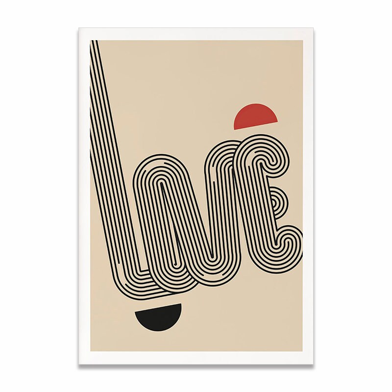 Ein modernes Valentinstag-Poster von justgoodmood mit dem Wort 'love' in geschwungenen Linien auf neutralem Hintergrund, ideal zur Verschönerung Ihres Raumes.