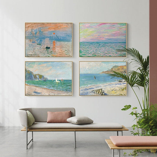 Stilvolles Ambiente mit vier beeindruckenden vintage Claude Monet Deko Prints ohne Rahmen von justgoodmood. Diese Kunstwerke bringen lebhafte Farben und den Charme der Impressionisten in Ihr Zuhause.