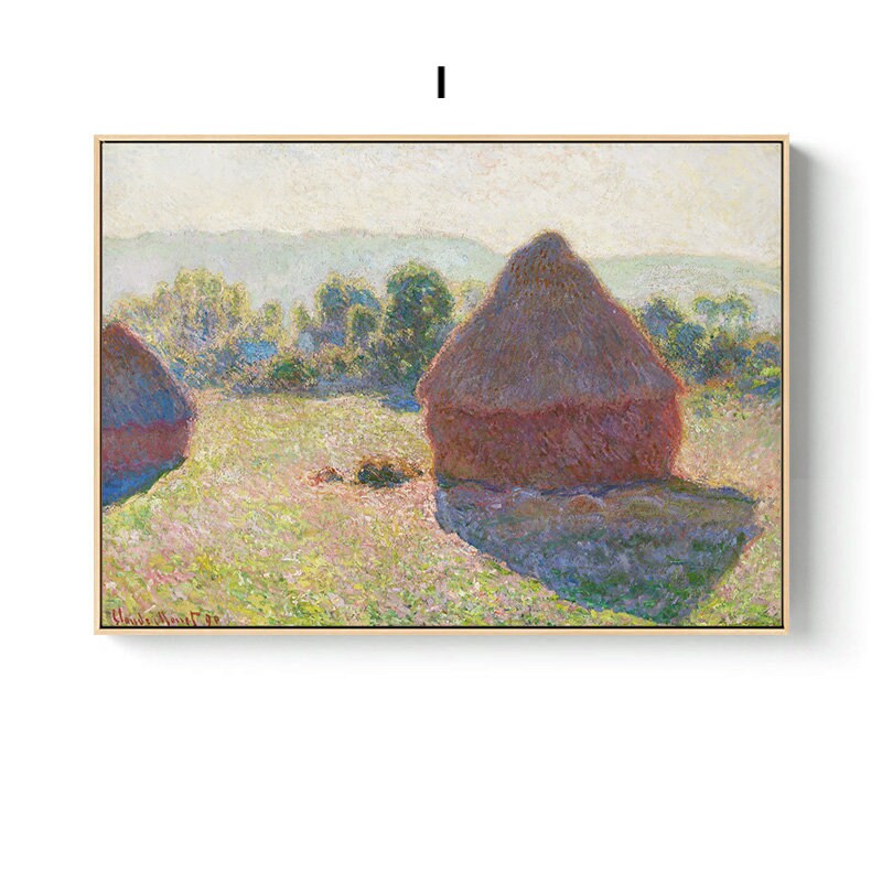 Schönes Vintage Poster von Claude Monet, das charmante Heuhaufen in einer blühenden Landschaft darstellt. Bringen Sie Kunst in Ihr Zuhause mit justgoodmood!